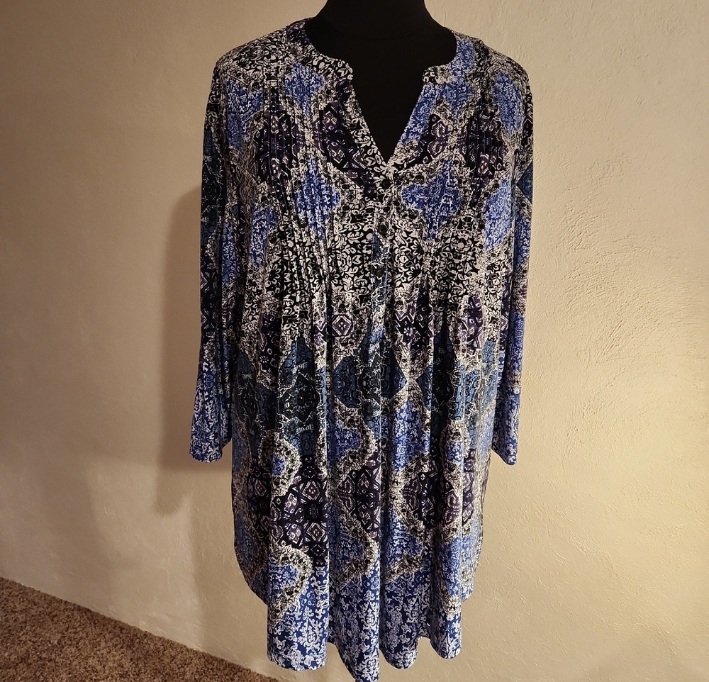 LA Cera Blue Paisley V-Neck Tunic Top Dress 3X